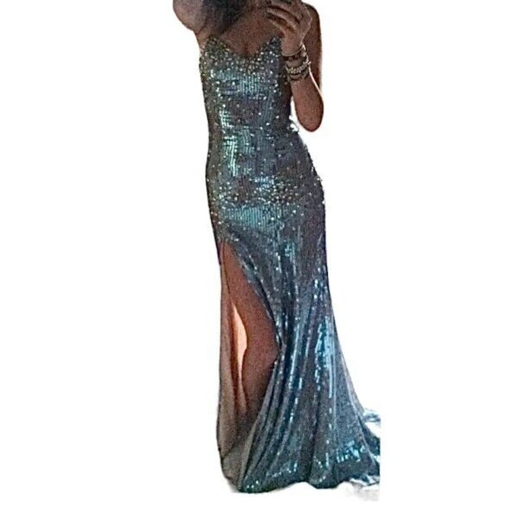 Jasz Couture Slate Blue Grey Sequined Dress